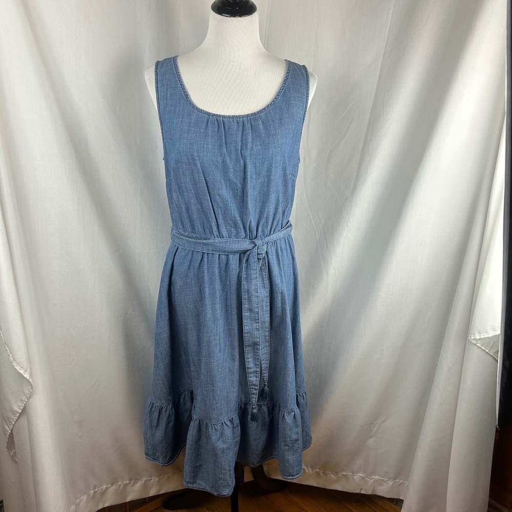 Talbots Blue Cotton Chambray Sleeveless Ruffle Hem Belted Midi Dress Womens 10 - Picture 2 of 11